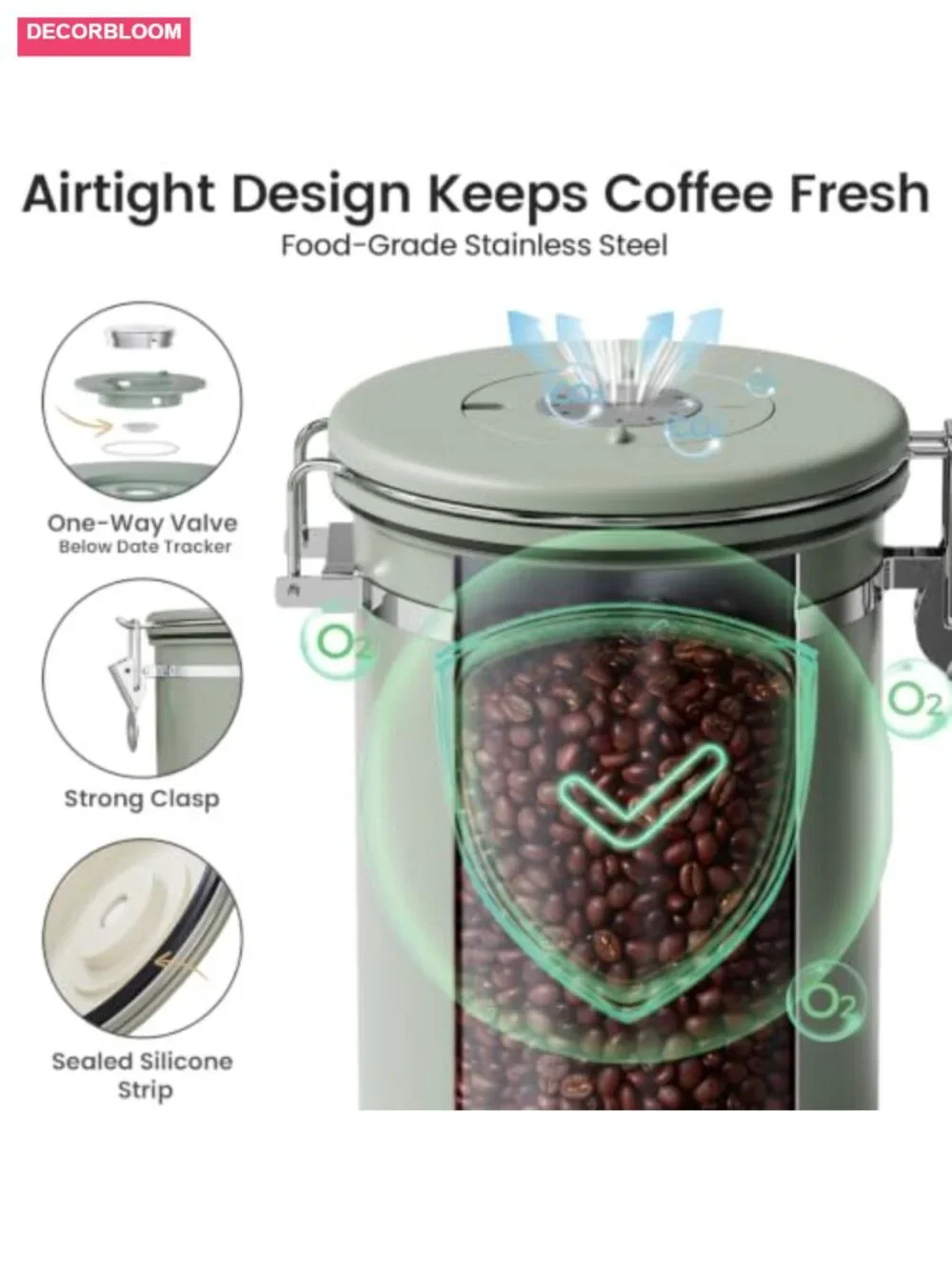 Veken Coffee Canister Airtight Stainless Steel Container 22 oz